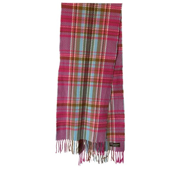 Pink & Blue Tartan 100% Cashmere Scarf Made In Scotland Fringe Edges - Picture 1 of 4